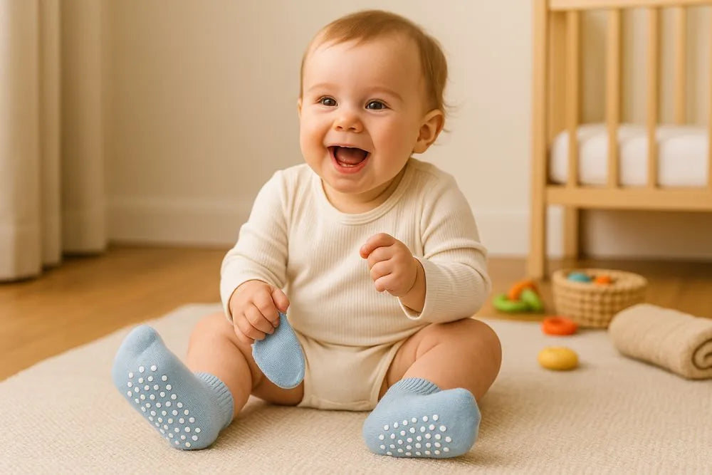 chaussette antidérapante bébé dans sa chambre souriant