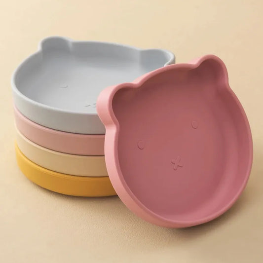 Assiette bébé en silicone ours croisillon de différents coloris sur babybalade