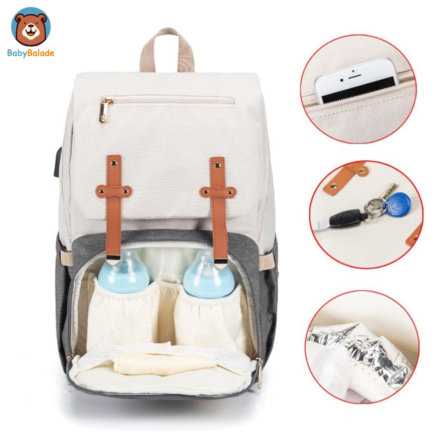 sac à dos à langer vue de face avec ses détails