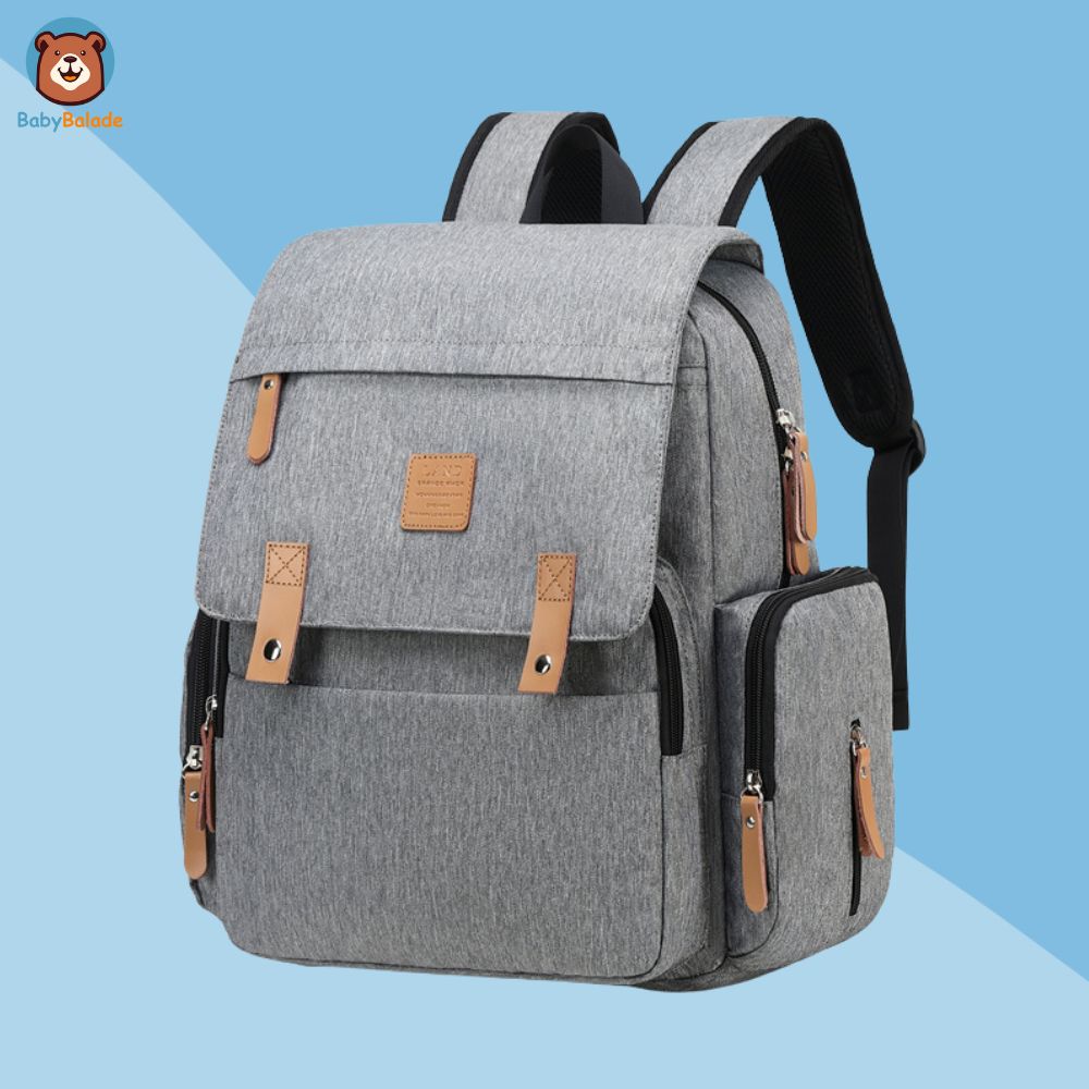 sac à dos à langer gris de coté